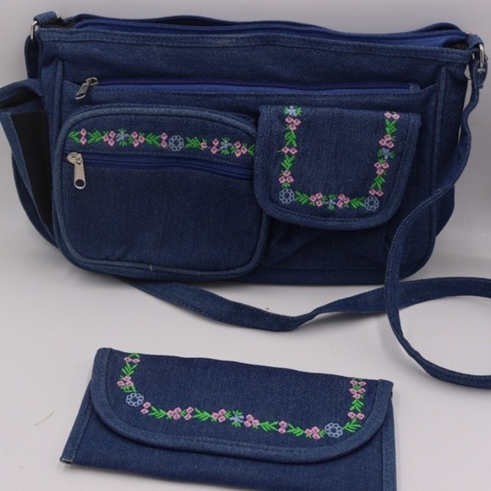 Vintage 90s Y2K Denim Messenger Bag Floral Embroidered Boho Purse
